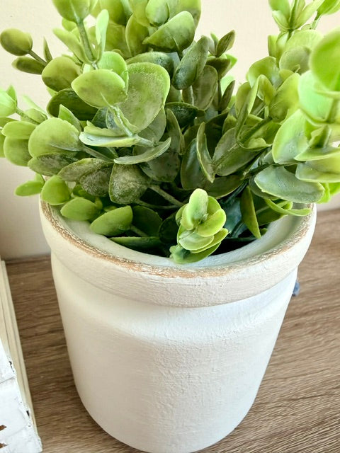 Close up of gold rim on vase and greenery.