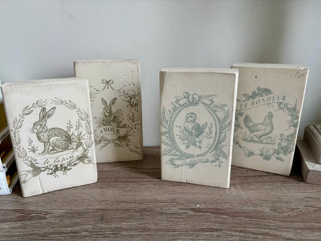 Vintage Easter images on wood blocks.