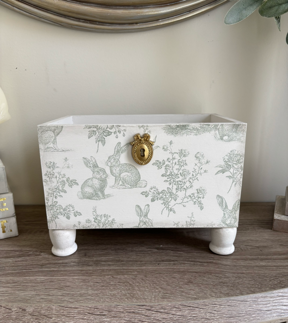 White crate with bunny images.  Gold keylock on front.