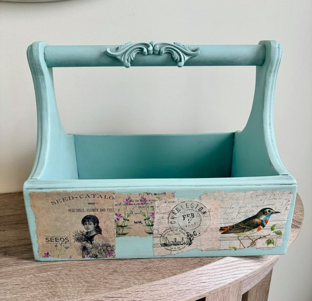 Turquoise wooden caddy with vintage-style decoupage 