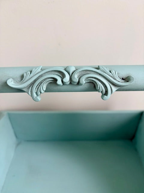 Turquoise wooden caddy with vintage-style decoupage 