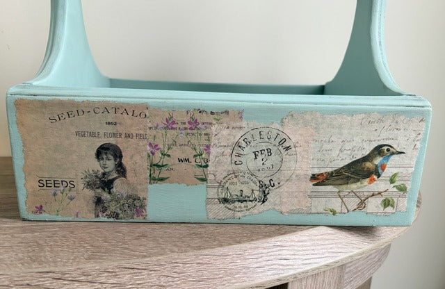 Turquoise wooden caddy with vintage-style decoupage 