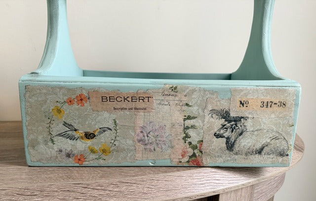 Turquoise wooden caddy with vintage-style decoupage 