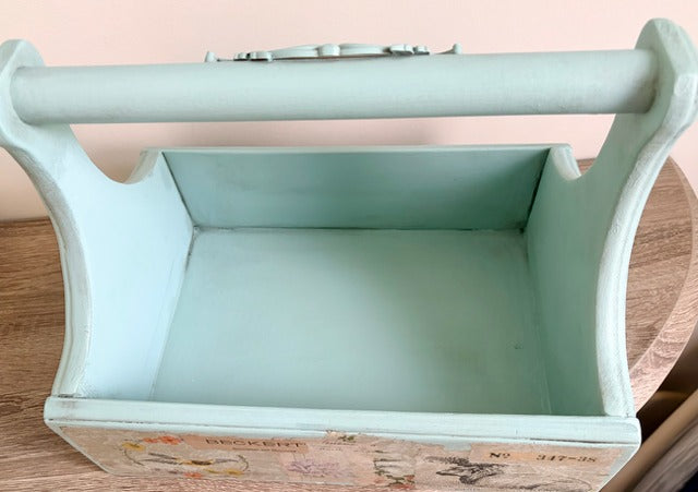 Turquoise wooden caddy with vintage-style decoupage 