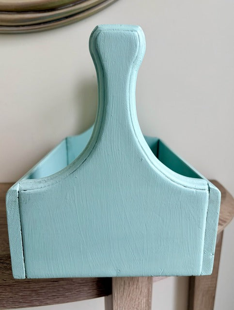 Turquoise wooden caddy with vintage-style decoupage 