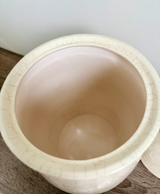 Beige ceramic canister on a wooden surface with a white background