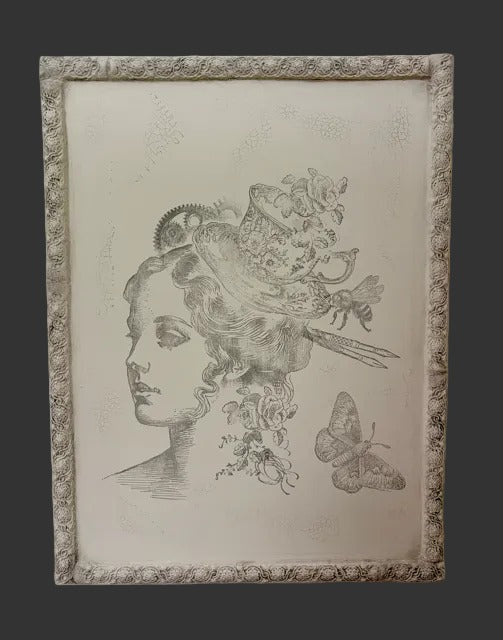 Decorative artwork with a woman's head, flowers, and butterfly on a textured background