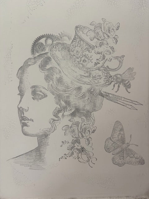 Artistic depiction of a woman's profile with decorative elements like flowers, a butterfly, and mechanical gears.