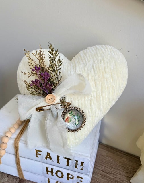 Yarn wrapped heart with florals and pendant embellishment