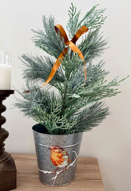 Decorative potted plant with a robin design on a metal container 