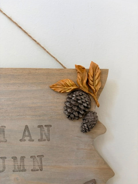 A rustic wooden autumn-themed wall sign with partial text 'I AN UMN', decorated with two pinecones and dried golden-brown leaves, hanging from twine against a plain white wall.