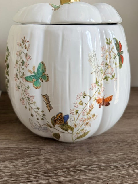 A white ceramic pumpkin-shaped lidded container decorated with colorful butterflies, dragonflies, and delicate floral vines, resting on a wooden surface.