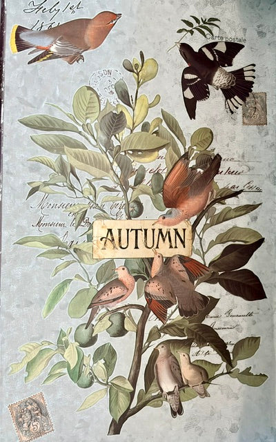 Vintage-style autumn bird illustration featuring several brown and black birds perched among green and olive leaves on a textured gray background with handwritten script and postage stamp details. A central label reads “AUTUMN.