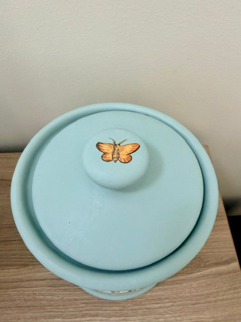 A light blue ceramic lidded container with a small orange and yellow butterfly decoration on the lid knob, resting on a wooden surface against a beige wall.