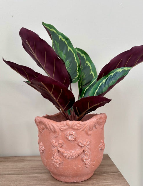 Decorative plant in a pink pot on a wooden surface with a light background