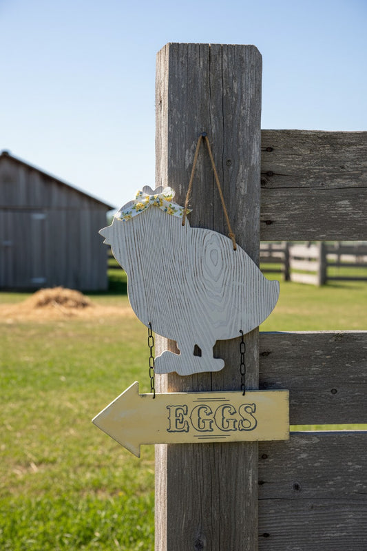 Decorative sign with a chicken silhouette and 'EGGS' text on a wooden arrow