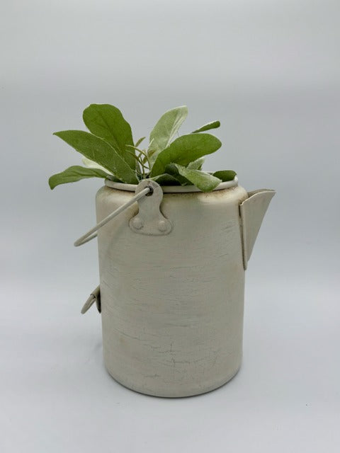 Metal teapot with a plant on a light gray background
