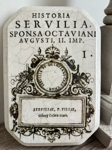 Decorative plaque with classical text and design on a wooden surface