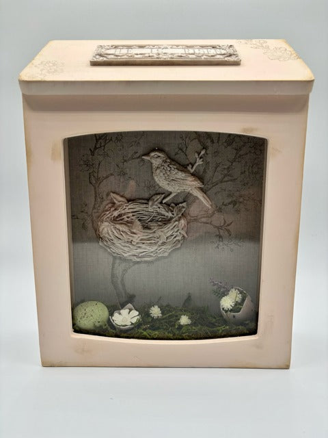 Decorative shadowbox with a bird's nest illustration 
