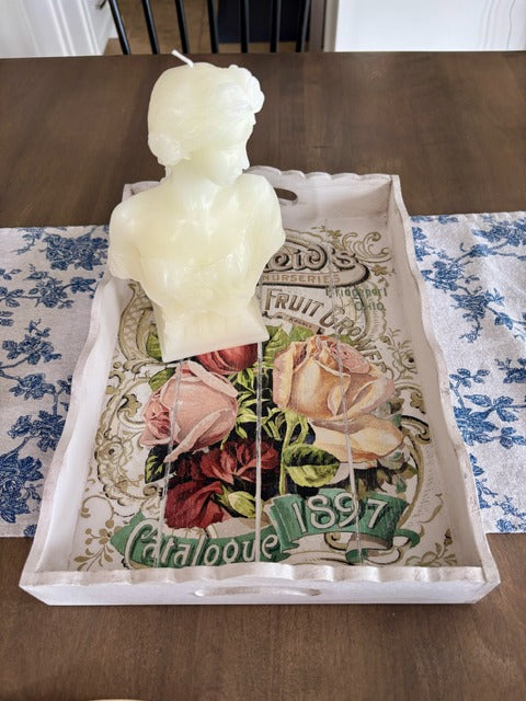 Decorative tray with floral design and text 