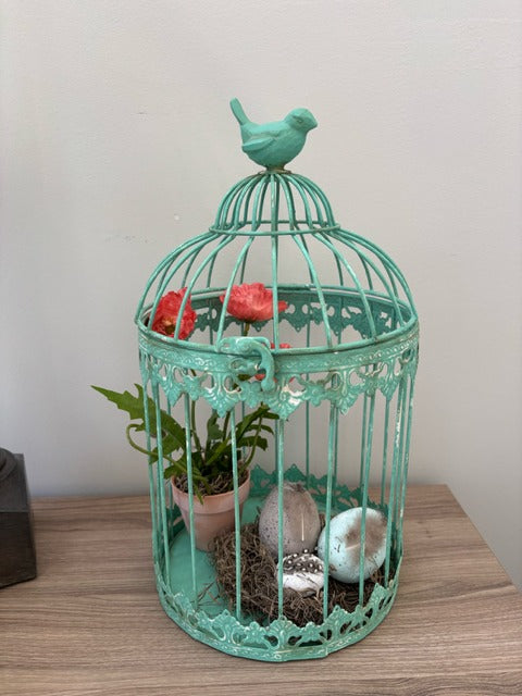 Decorative teal birdcage with plants and eggs 