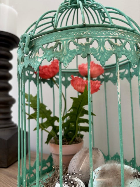 Decorative teal birdcage with plants and eggs 