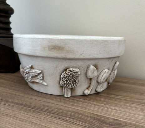 Decorative planter with mushroom designs on a wooden surface