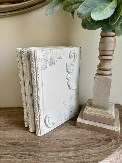 Decorative books with embossed designs on a wooden surface next to a plant.