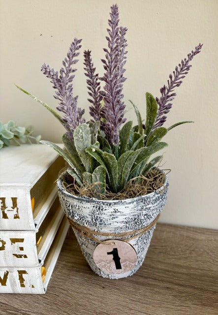 Textured pot with faux lavender and numbered wood tag