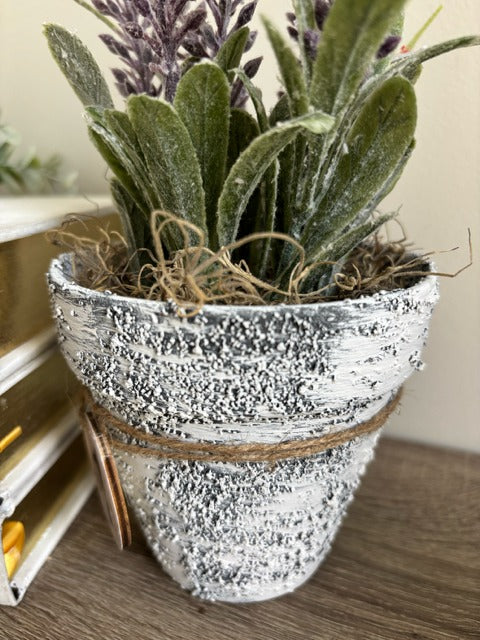 Textured pot with faux lavender and numbered wood tag