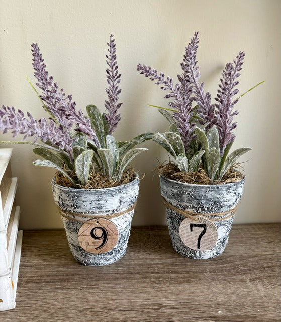 Textured pot with faux lavender and numbered wood tag