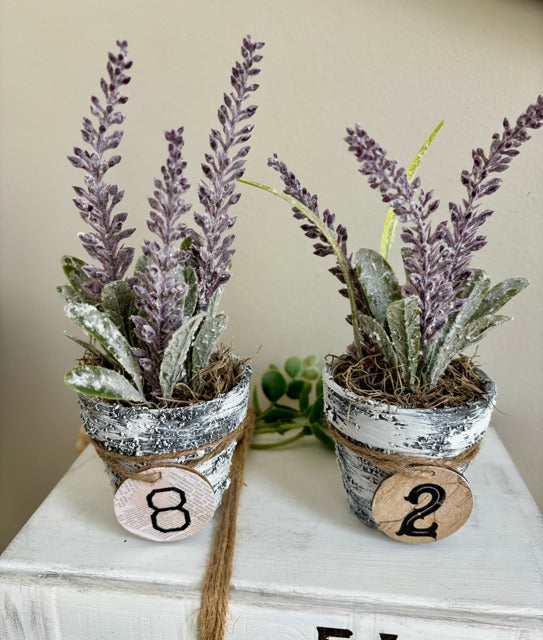 Textured pot with faux lavender and numbered wood tag
