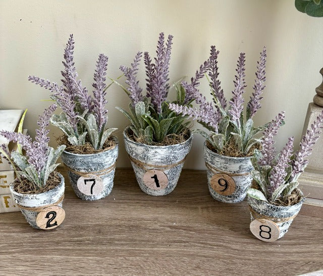 Textured pot with faux lavender and numbered wood tag