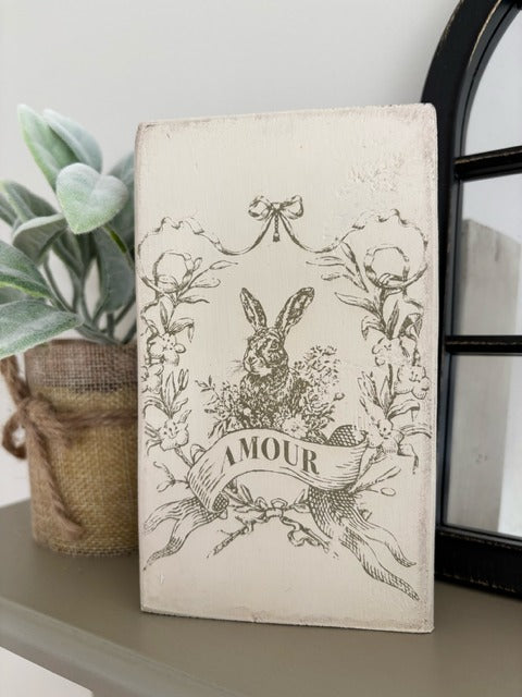 Vintage bunny image on a wood block.