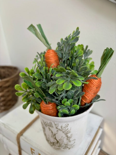 Decorative plant with carrots in a painted pot.