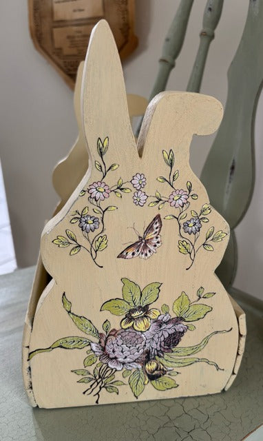 Wooden rabbit-shaped tote with floral patterns
