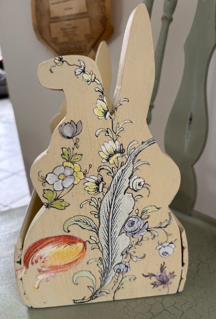 Wooden rabbit-shaped tote with floral patterns