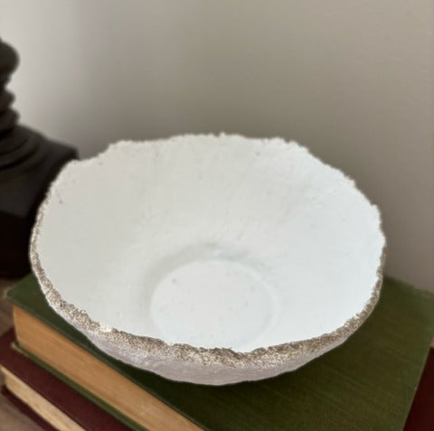 White paper mache bowl on a stack of books with a plain background